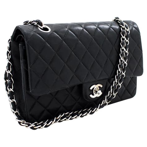 small black chanel bag with silver chain|chanel classic flap shoulder bag.